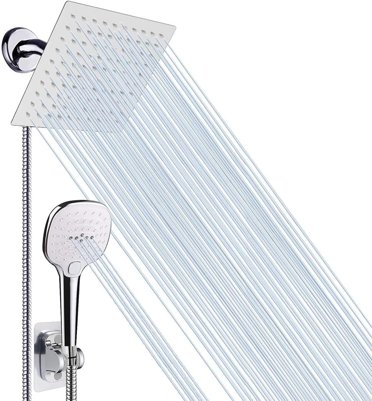 Nearmoon Shower Head with Hose, High Pressure Stainless Steel Rain Shower and 3 Settings Handheld Spray Combo with Push Button Flow Control (8 Inch, Chrome Finish)