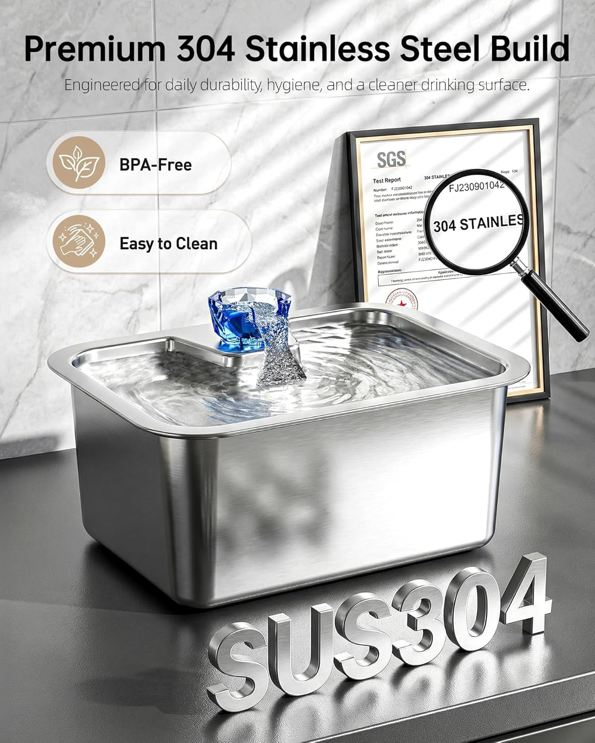 3Gal Large Dog Water Fountain Dispenser, 11L Stainless Steel Pet Fountain with 6 Filters, Ultra Quiet Automatic Dog Water Bowl Dispenser for Large & Multi-Pet, Wide Drinking Area, Easy to Clean