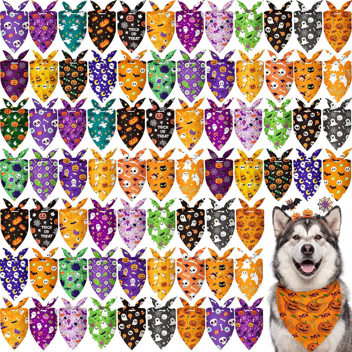 100 Pcs Halloween Dog Bandanas Bulk, Pumpkin Ghost Bat Skull Pattern