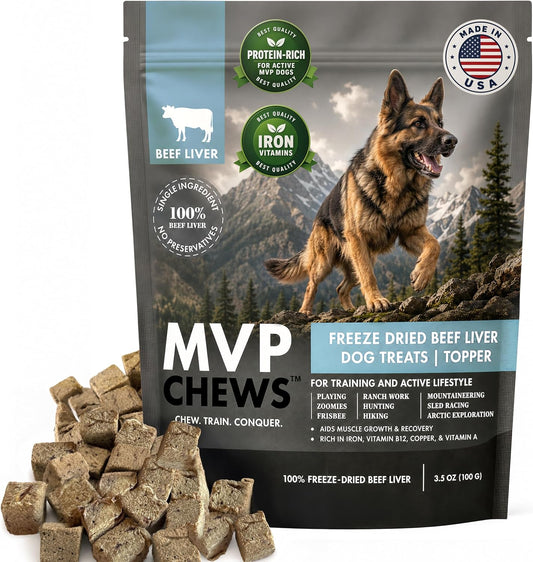 Mvpchews | Freeze Dried Beef Liver Dog Treats | Single Ingredient Training Treats | High Protein, Grain Free, No Additives or Fillers | Premium Quality Food Topper | Made in USA - 3.5Oz