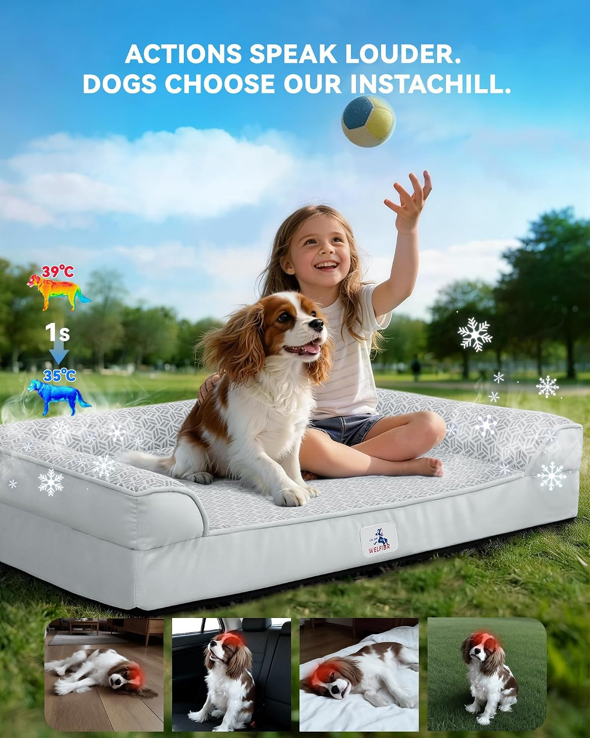 Cooling Dog Bed with PCM, Instant Chill Pet Sofa for Large, Indoor Outdoor