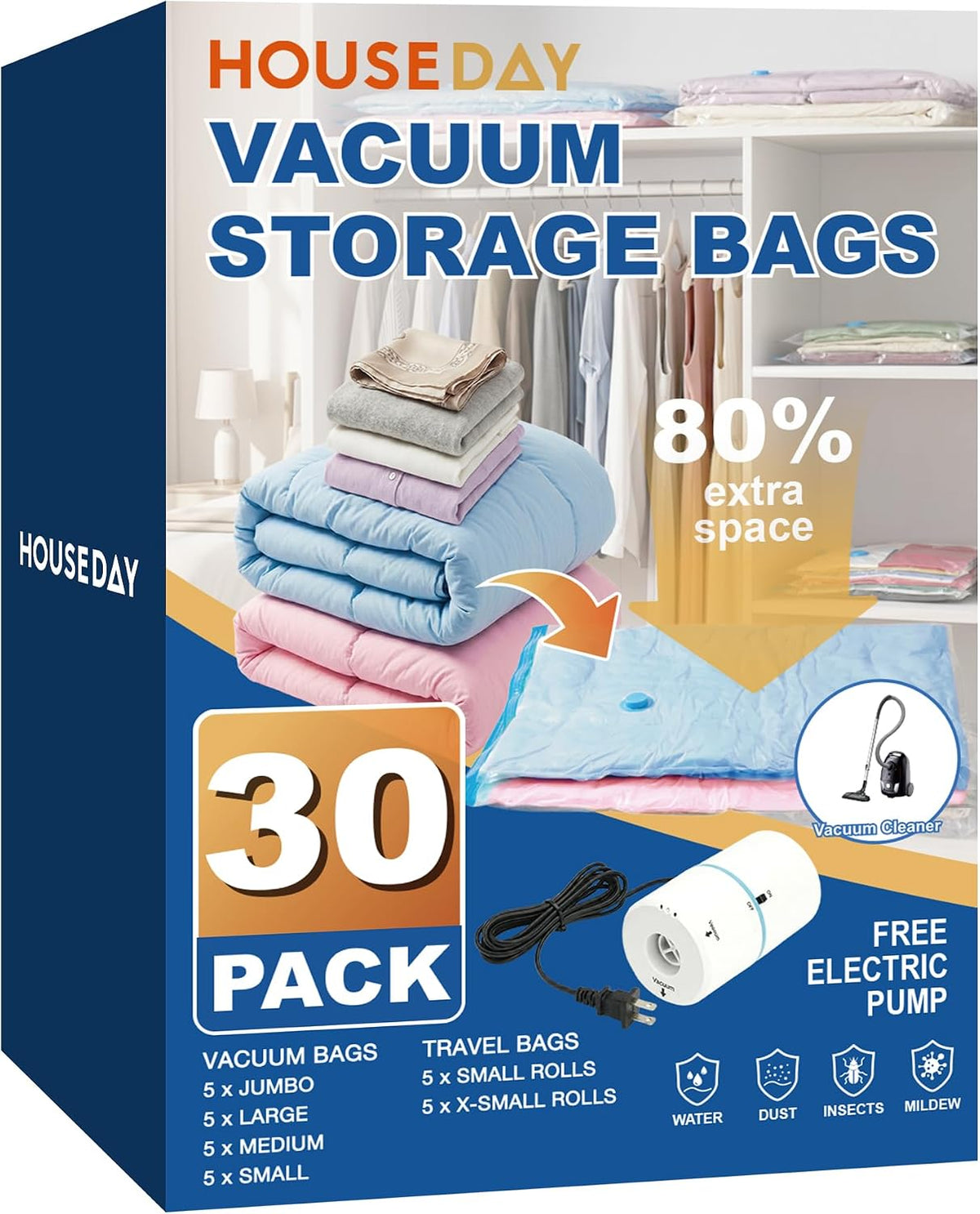 HOUSE DAY 30 Pack Vacuum Storage Bags with Electric Pump, 4 Sizes + 2 Roll-Up (5 Each), Space Saver Vacuum Seal Bags for Clothing, Bedding, Pillows, Travel – Airtight Seal, Reusable & Durable