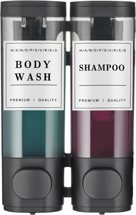 Shampoo and Conditioner Dispenser Shower Dispenser Body Wash Wall Mounted Shampoo Dispenser for Shower Wall No Drill for Bathroom Hotel 2 Chamber X 350Ml Black with Waterproof Labels