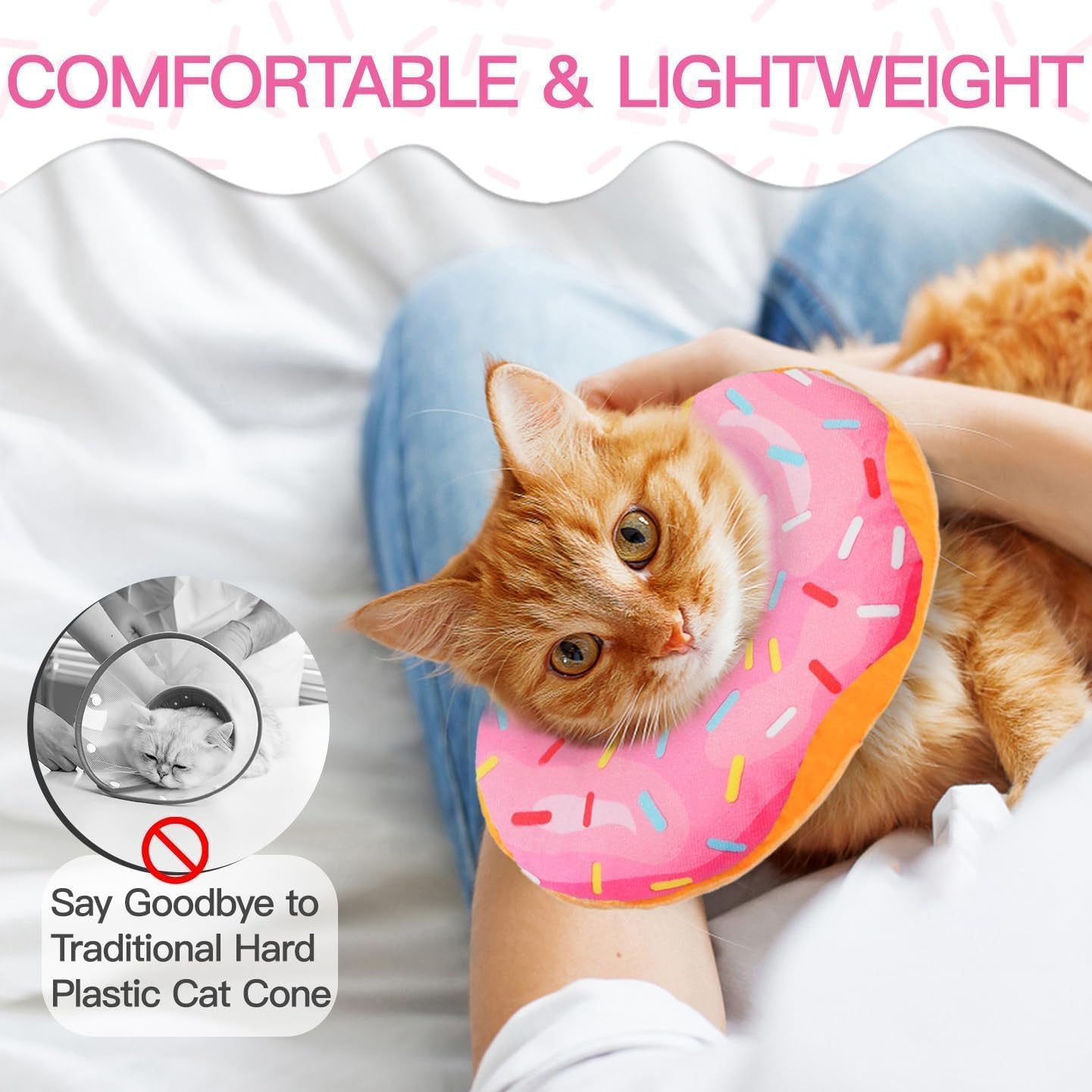 Cat Cone Collar Soft, Adjustable Cat Recovery Collars Spay Cones to Stop Licking, Cute Kittens Donut E Collar after Surgery, Anti-Lick Wound Healing Elizabetan Collars for Kittens (Pink, Small)