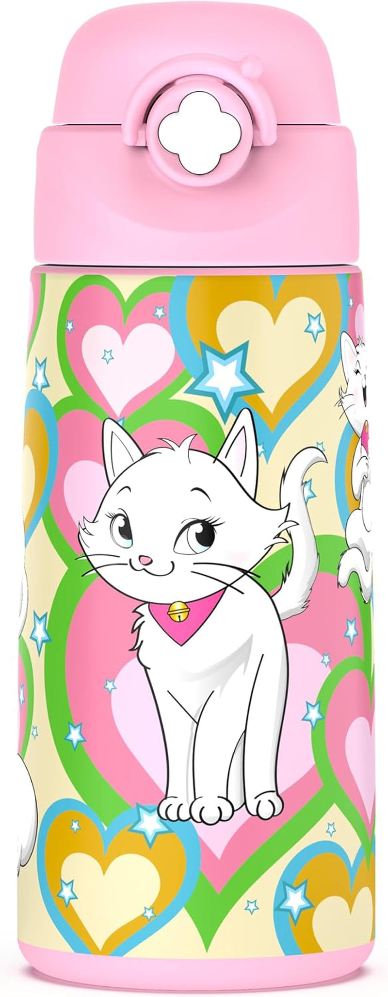 Girls Insulated Water Bottle with Covered Pop-Up Straw,16 Oz Kids Cups with Stainless Steel Leak Proof for School Pink（Cat）