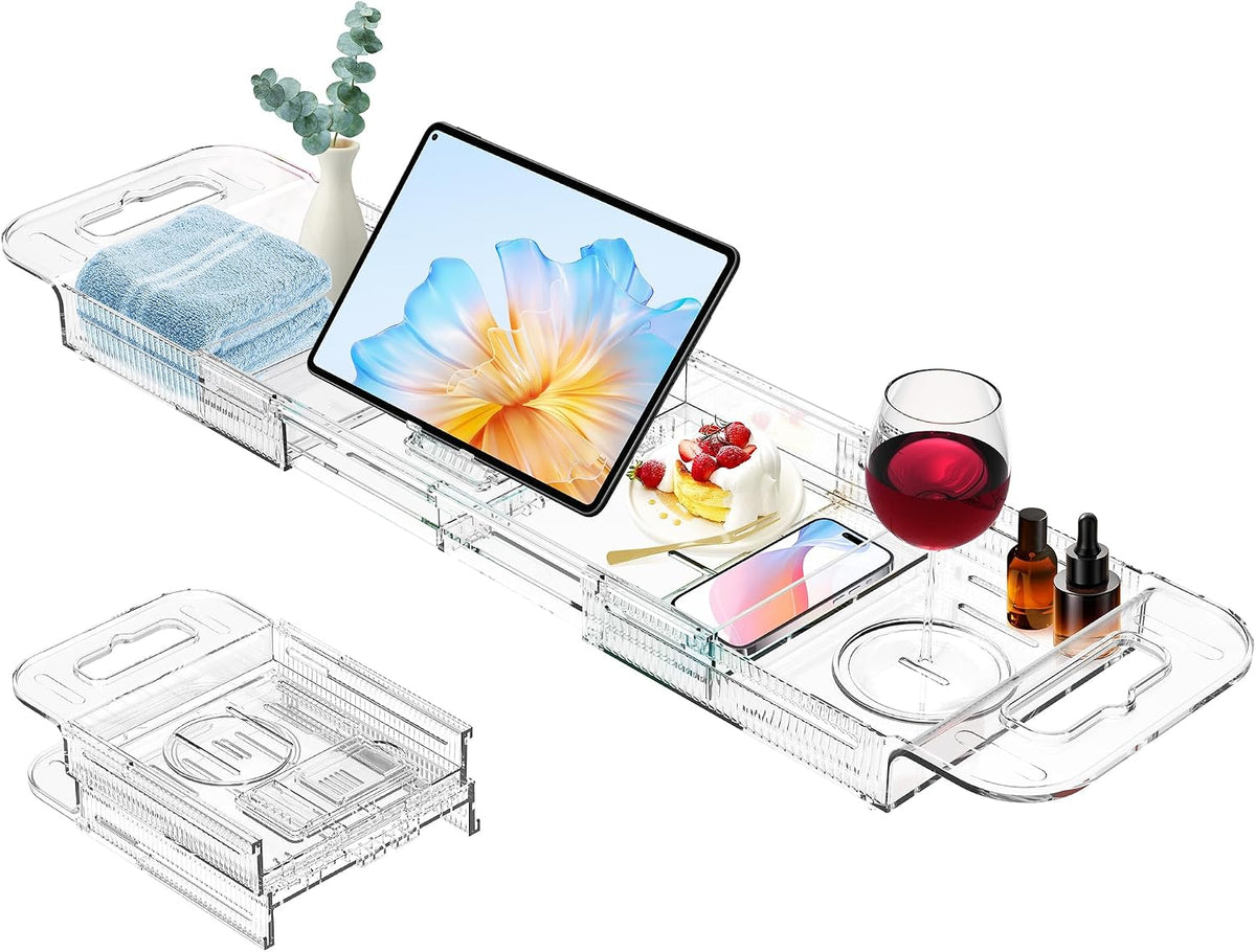 Expandable Drain Bath Caddy Tray for Tub, YOCOMEY Multifunctional Acrylic Bathtub Tray Bathroom Organizer, Simple Bathtub Table Trays Storage Rack for Candle Towel Book Wine Phone Shower(Clear)