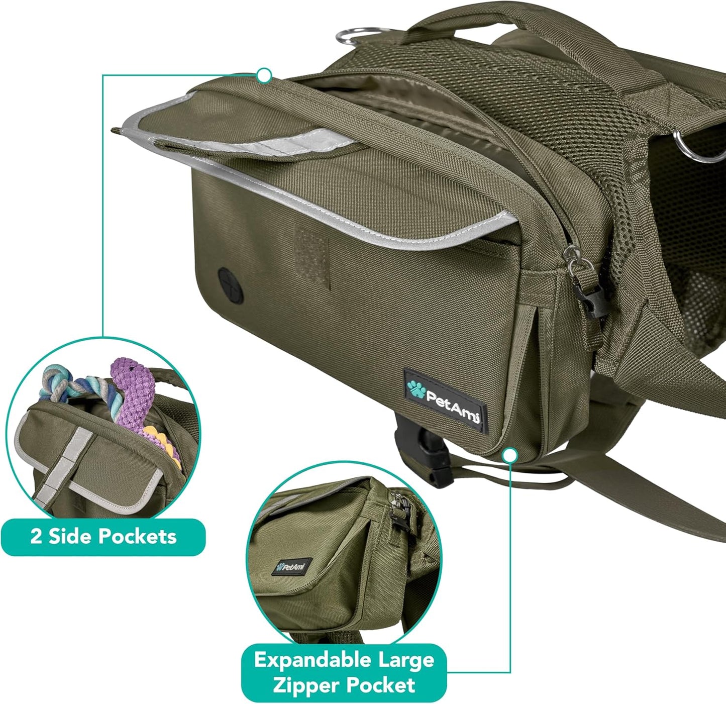 Petami Dog Backpack for Medium & Large Dogs, Saddle Bag for Dogs to Wear for Hiking, Pet Backpack Harness Dog Pack with Reflective Side Pockets for Walking Running.