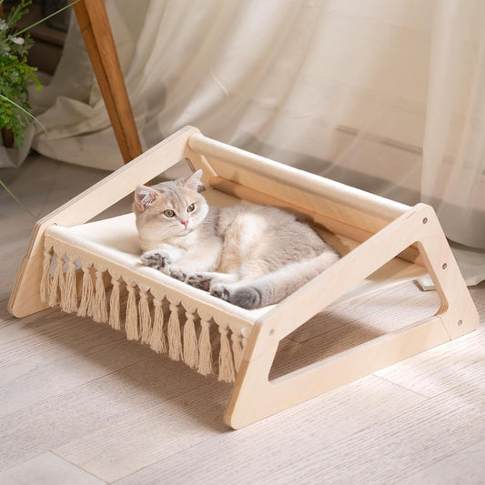 Cooling Cat Hammock Bed with Removable Washable Cover, Pet Couch Sofa for Indoor Cats Elevated Kitty Lounge Chair Suitable for Puppy, Wooden Cat Furniture(Large)