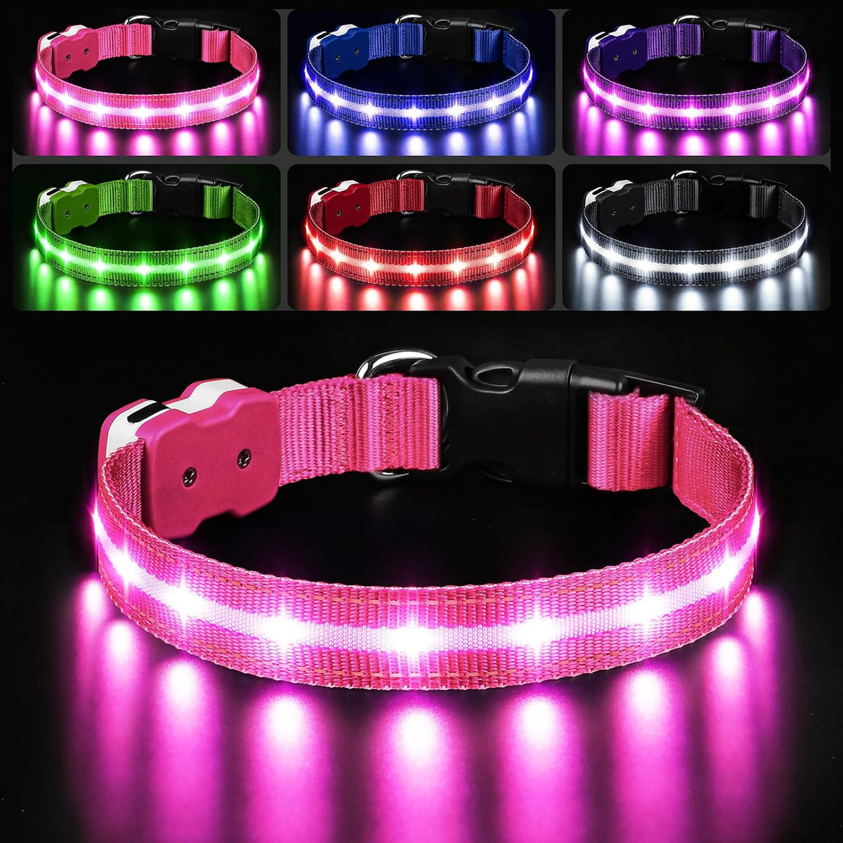 Pceotllar Light up Dog Collar, Glow in the Dark for Night Walking, Pink, L