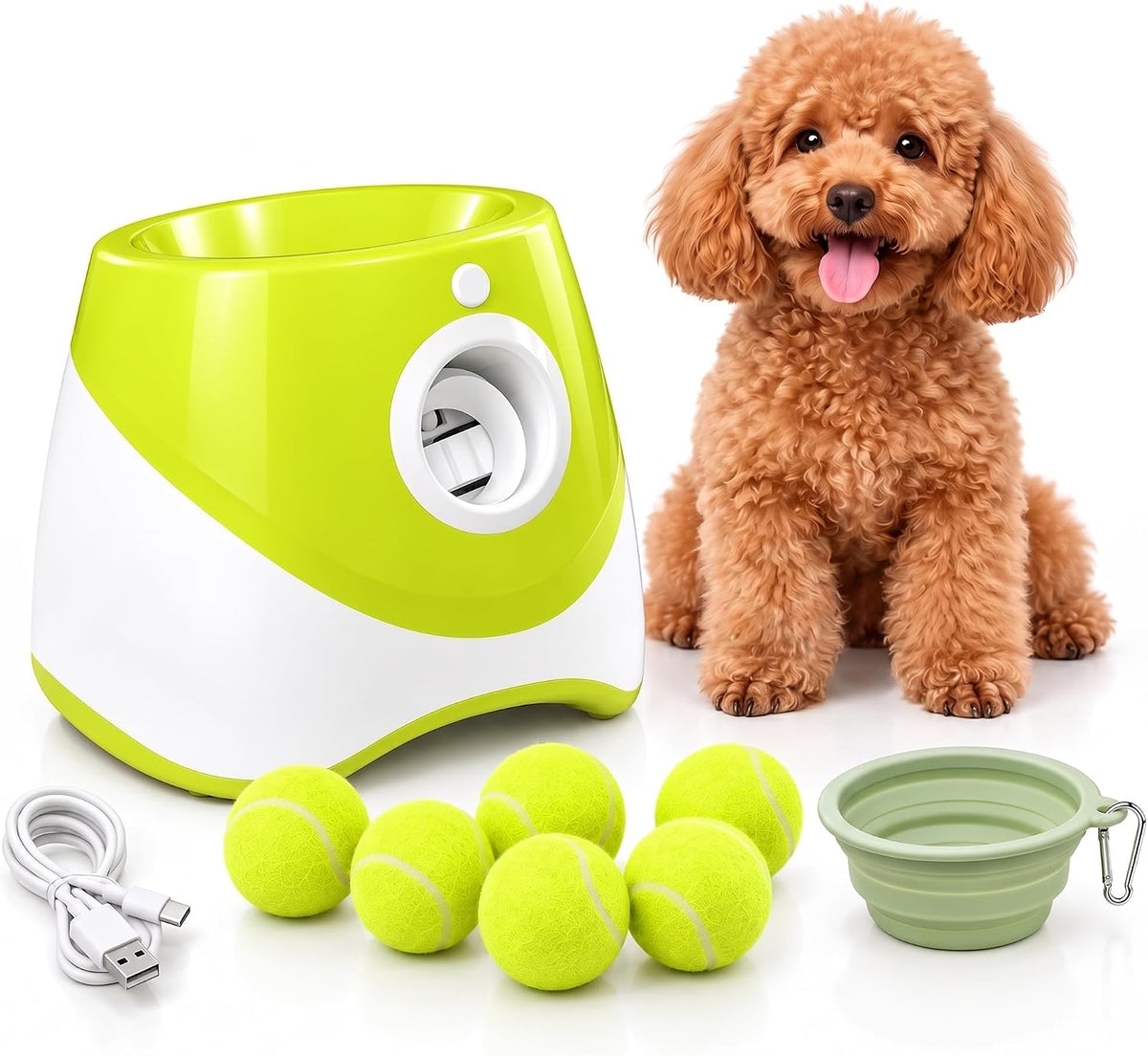 PT5 Automatic Dog Ball Launcher for Small Dogs, 6 × 2-Inch Mini Tennis Balls, Rechargeable Fetch Machine with 3 Launch Distances