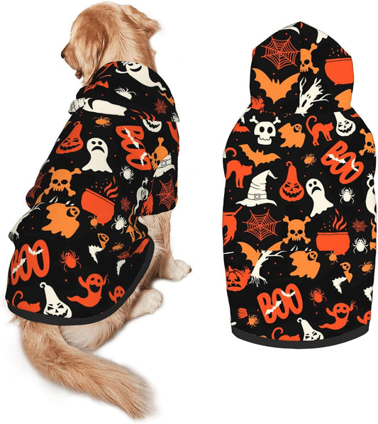 Halloween Dog Costume, Pumpkin Ghost Print Hoodie Winter Halloween Cosplay Clothes Sweaters Outfits Pullover Pets' Sweatshirt Hoodies with Pocket for Medium Large Dogs-Xxl