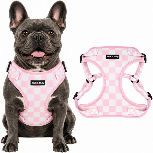 Jack & Bully No Pull Dog Harness for Frenchies - Step-In Adjustable Vest for Broad-Chested Breeds - Soft Neoprene, Machine Washable Breathable Mesh - Pink Checkered (Small)