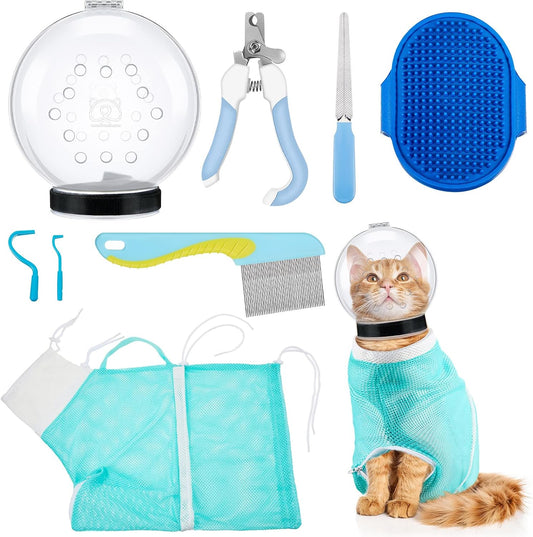 8 Pcs Cat Muzzle Set with Adjustable Cat Bathing Bag, Breathable Muzzle Pet for Shower Grooming Brush Tick Remover Tool Nail Clipper Nail File for Dog, Bunny Cleaning Trimming(M Size,Blue)