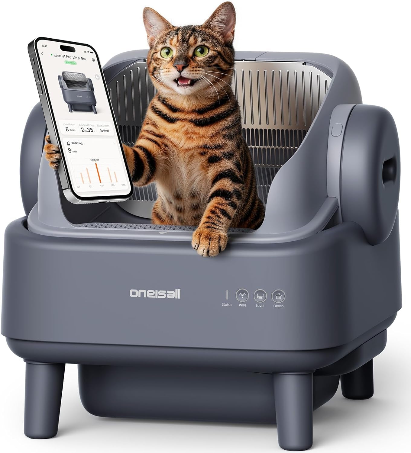 Oneisall Self Cleaning Litter Box with APP Control: Open-Top Smart Cat Litter Box Rinsable Easy Clean, Safety Protection&11L Large Waste Bin, Automatic Litter Box for Large Cats (Ease S1 Pro)