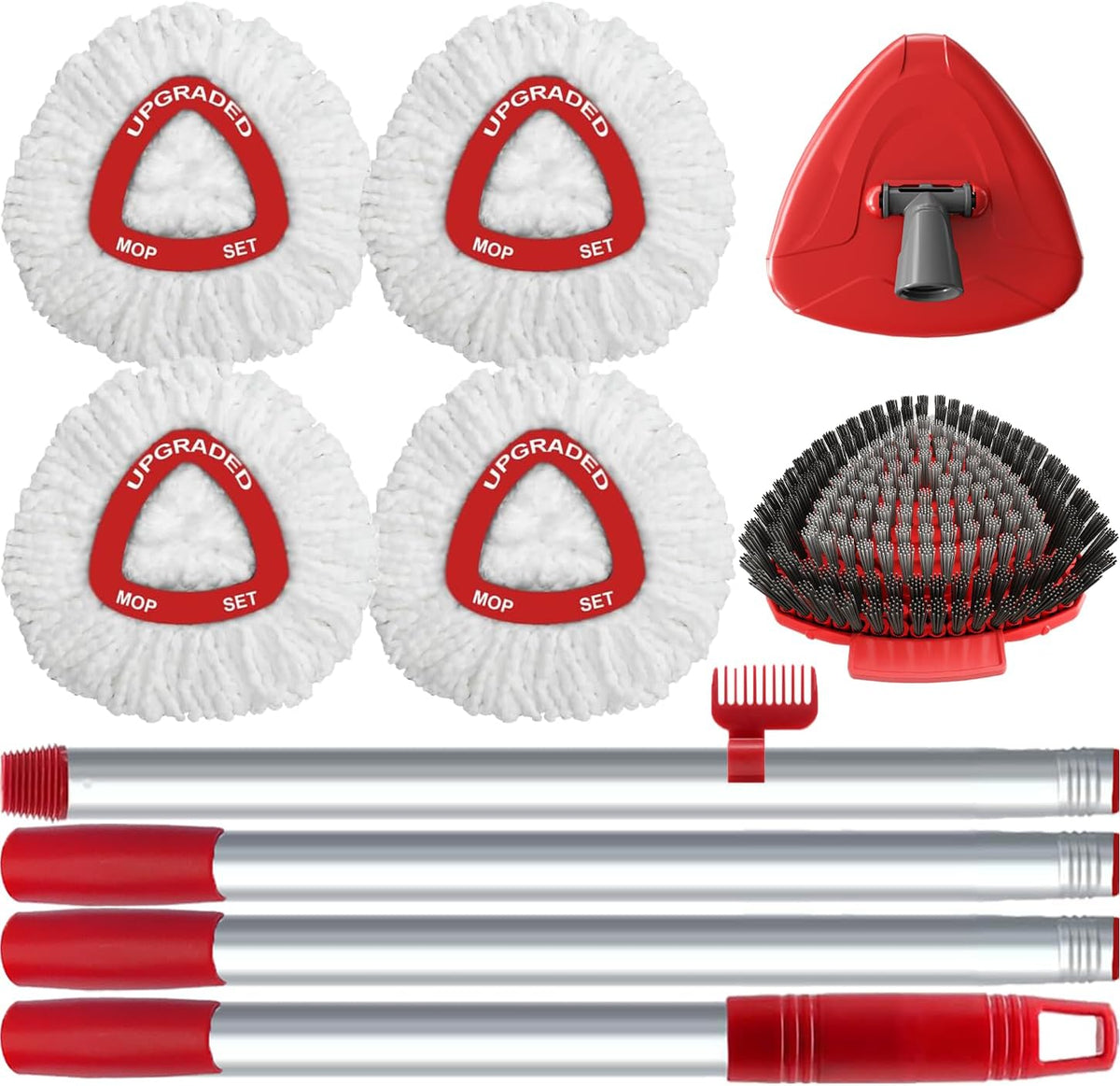 Spin Mop Replace Head for Easywring 1 Tank,Upgraded Scrub Brush Replacement Head Compatible with Ocedar, 4 Microfiber Refills, 1 Handle, 1 Base and 1 Cleaning Brush Combo Set