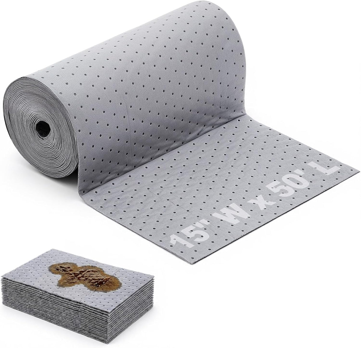 Oil Absorbent Mat Roll, 5.3 Oz per Sq Yd, 15 in X 50 Ft, Gray, 2 Roll Pack