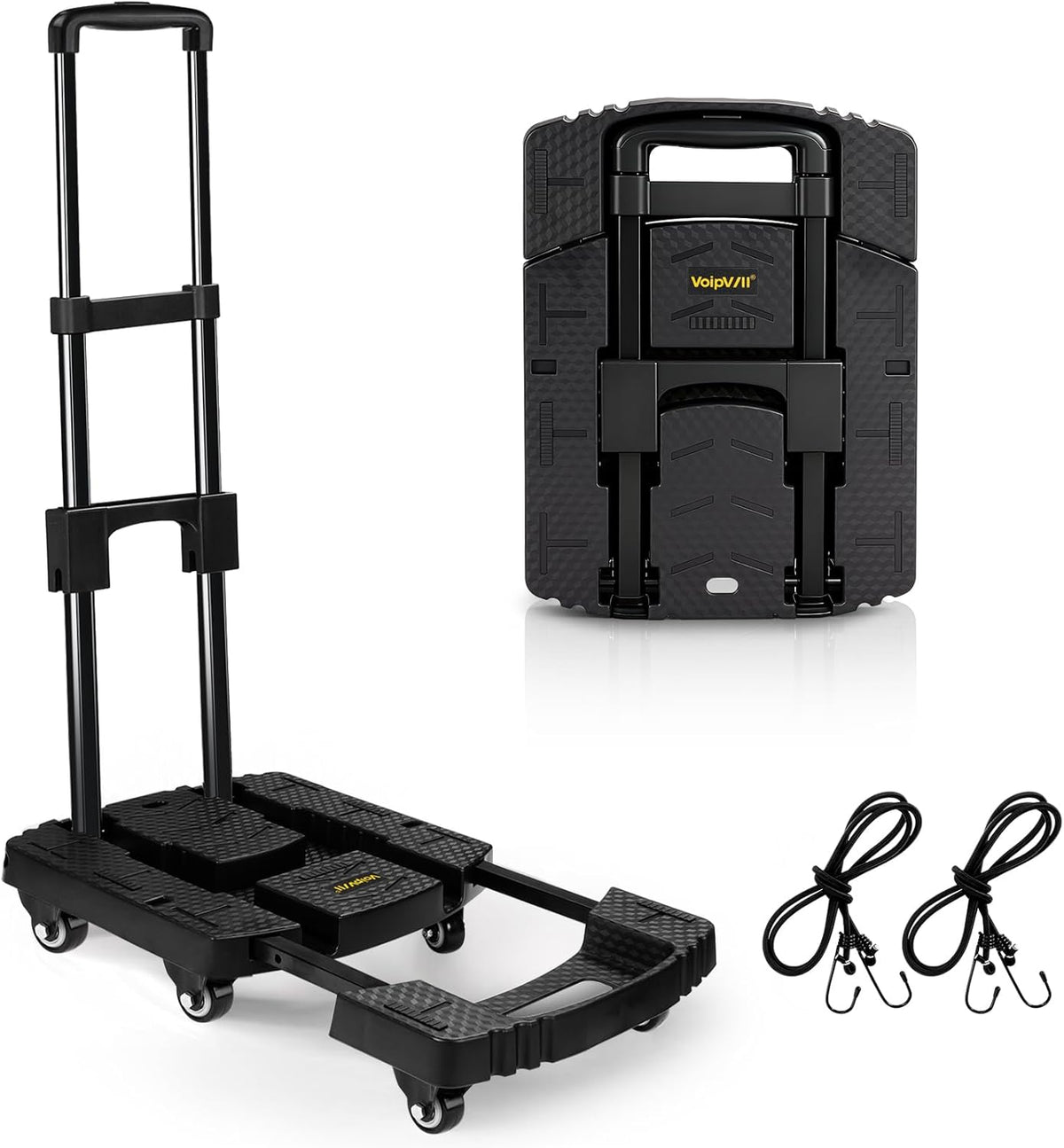 Voipvvii Folding Hand Truck 500Lbs, Portable Heavy Duty Dolly Cart, 6 Wheels Collapsible Luggage Cart with 2 Elastic Ropes - Compact Trolley Cart for Easy Moving - Ideal Hand Cart for Travel and More