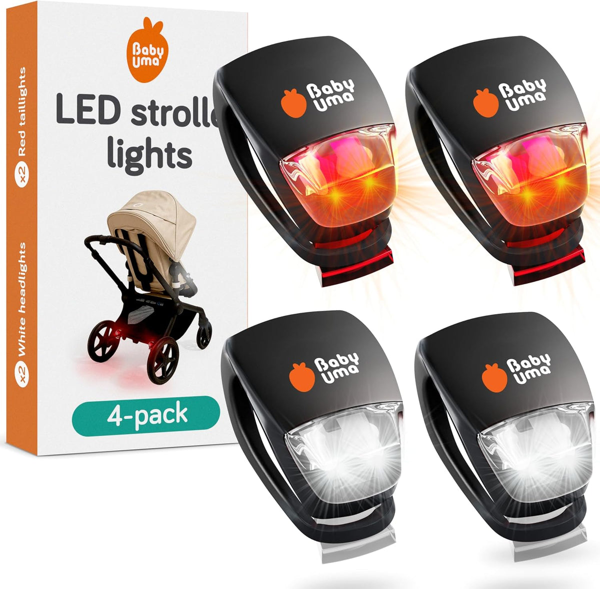 Baby Uma LED Stroller Lights (4-Pack) - Universal with 3 Light Modes (Constant/Pulse/Strobe), Buggy & Bike Lights Front and Back (2 White Headlights & 2 Red Taillights), Clip-On Bike Light