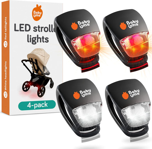 Baby Uma LED Stroller Lights (4-Pack) - Universal with 3 Light Modes (Constant/Pulse/Strobe), Buggy & Bike Lights Front and Back (2 White Headlights & 2 Red Taillights), Clip-On Bike Light