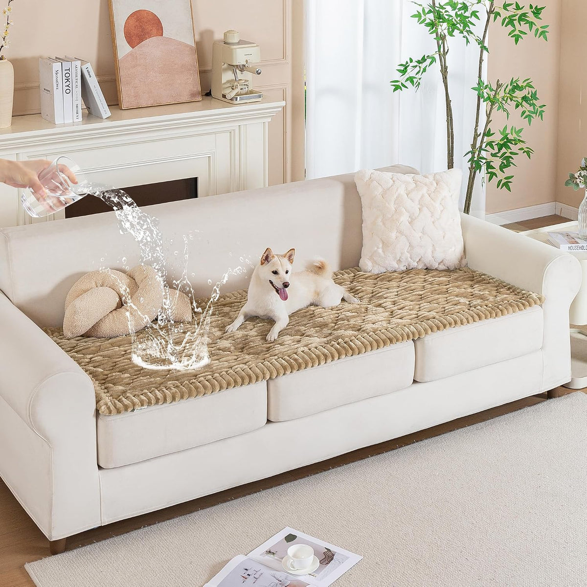 Putian 100% Waterproof Fuzzy Couch Cover for Dogs Khaki 27.6"X59"