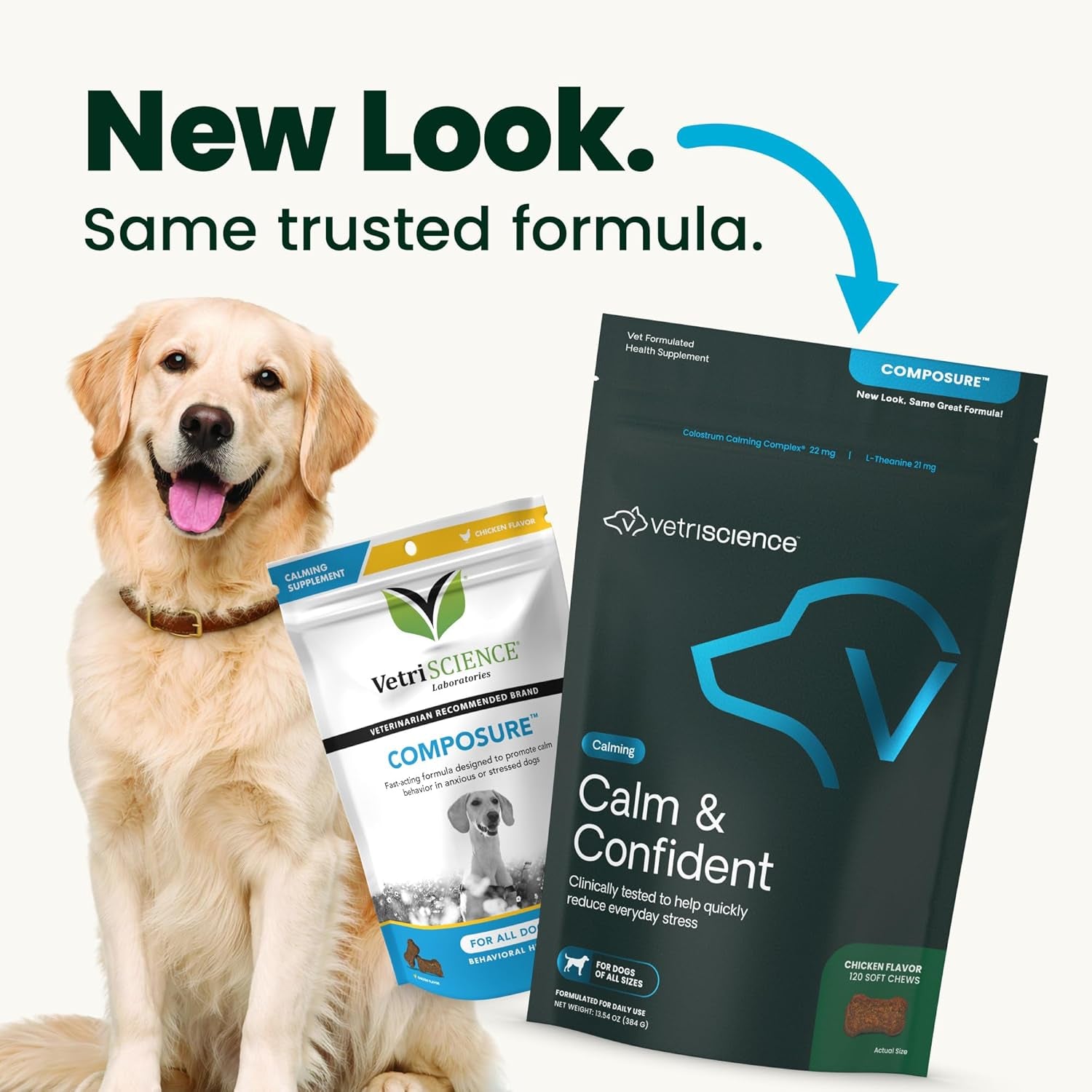 Vetriscience Calm & Confident Chews, Composure Clinically Tested Calming and Anxiety Supplement for Dogs, Reduce Stress and Fear, Ideal for Thunderstorms, Fireworks and Travel, Chicken, 120 Count