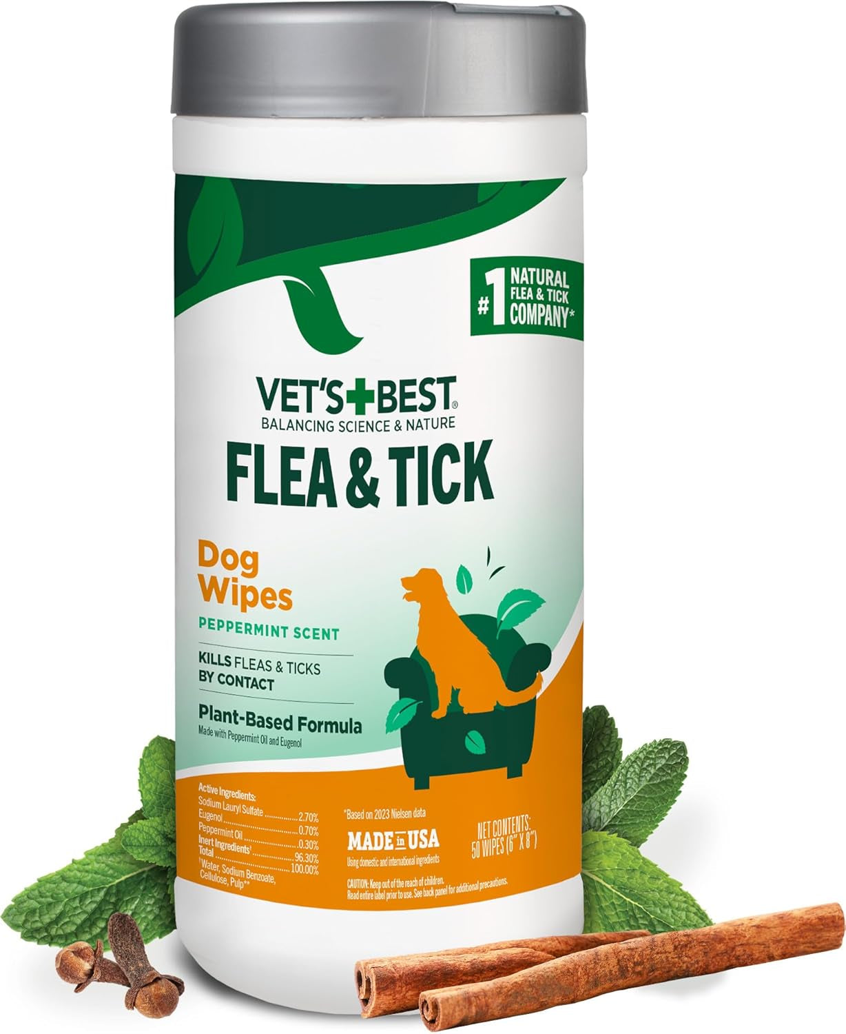 Vet'S Best Flea & Tick Wipes for Dogs, Plant-Based, Pest Control, 50 Count | Plant-Based Flea & Tick Wipes, Essential Oils, Helps Control Fleas & Ticks, for Dogs, Kennels & Home Use