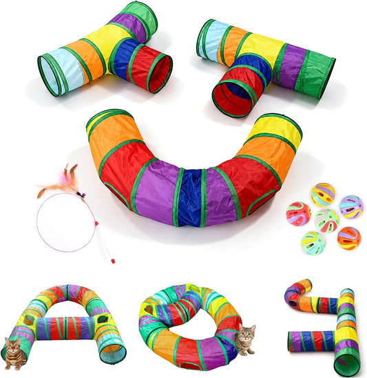 3 in 1 Cat Tunnel Set, Large DIY Free Splicing Cat Tunnels with Zipper, Collapsible Play Tunnel with Teaser Wand and Peek Holes, Interactive Pet Tube for Indoor Cats, Puppy and Rabbits