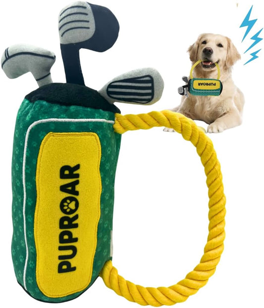 PUPROAR Golf Dog Toy, Dog Birthday Gift, Funny Squeaky Plush Rope Golf Bag Toy for Small, Medium & Large Breeds