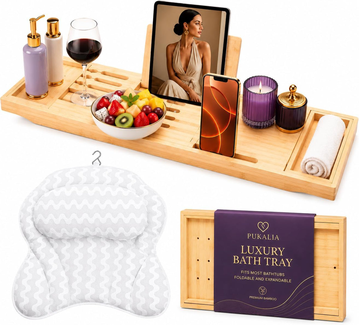 Bamboo Bath Tray for Tub, Expandable Bathtub Caddy with Pillow
