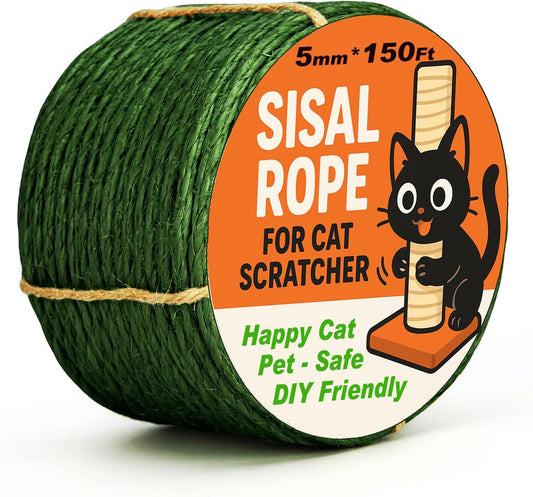 Green Sisal Rope for Cat Tree and Scratching Post 5Mm 1/5 Inch, 150 Feet