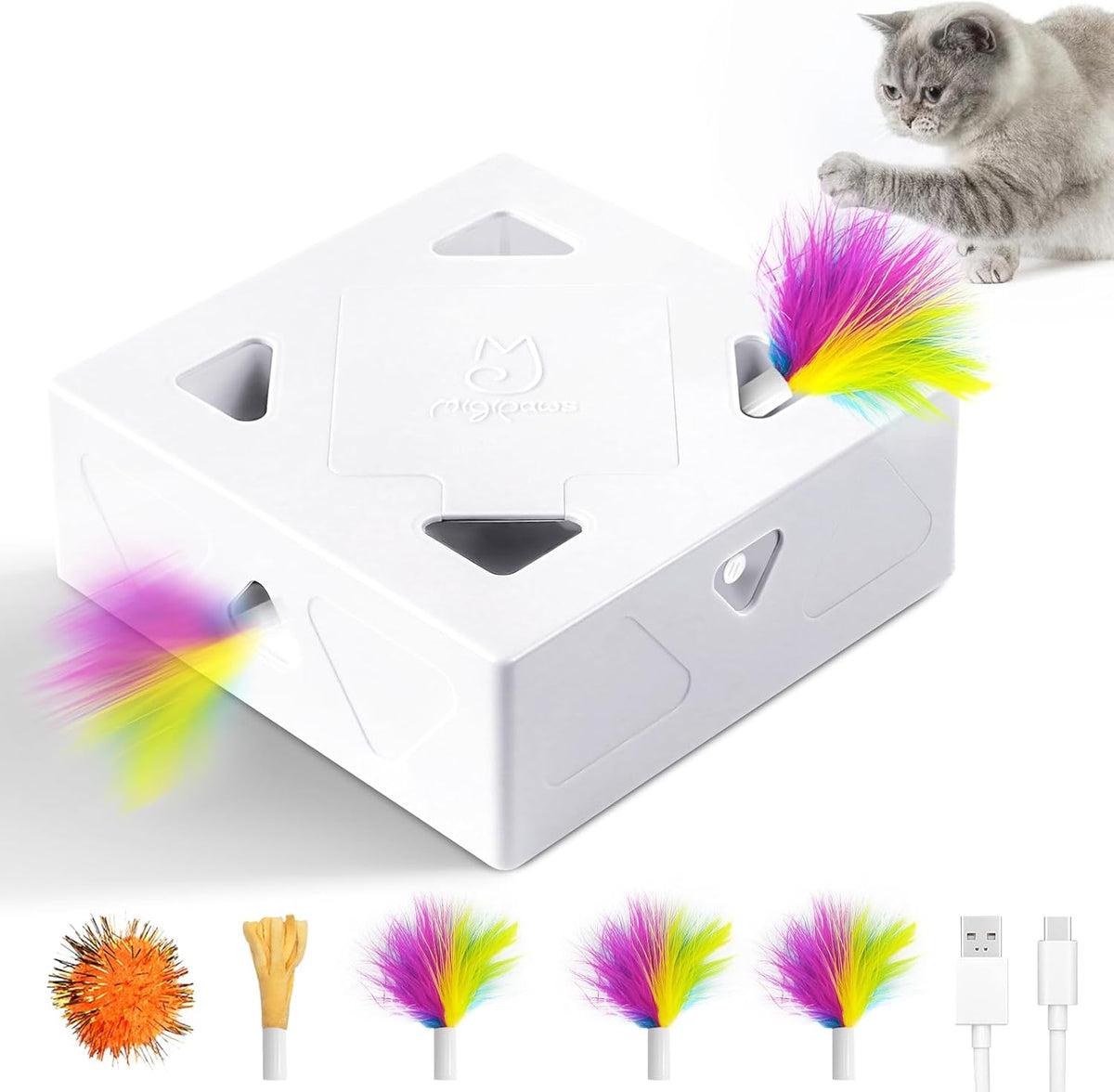 Interactive Cat Toys -Migibox for Indoor Bored Cats, Automatic Pop Out Feathers from 7 Holes Randomly, Motion Activated, USB Rechargeable (Purple Skin)