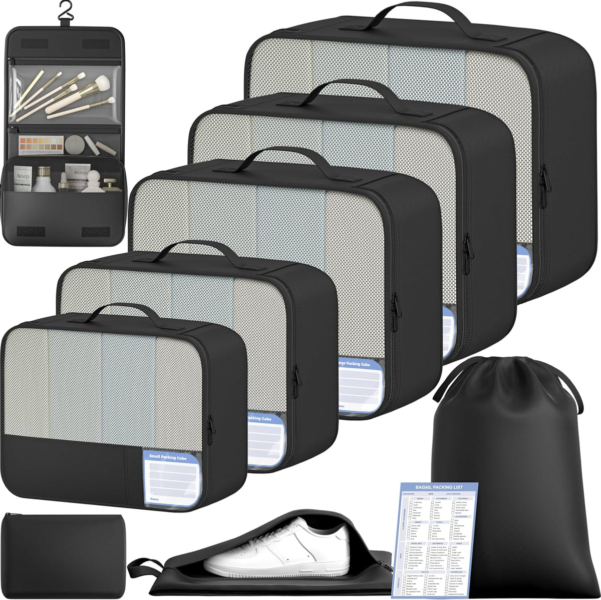 BAGAIL 9 Set Packing Cubes with Packing List Luggage Packing Organizers for Travel Accessories (Black)