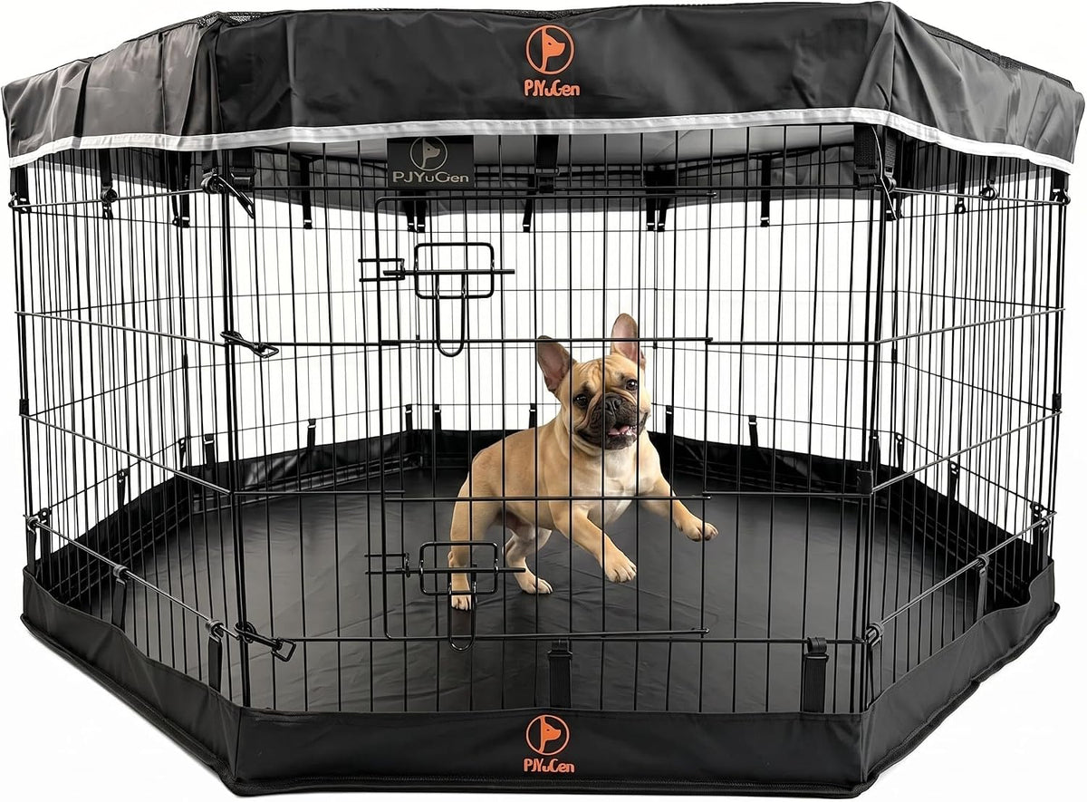Pjyucien Puppy Playpen with Top Cover & Bottom Pad, 8 Panels 30" H, Black