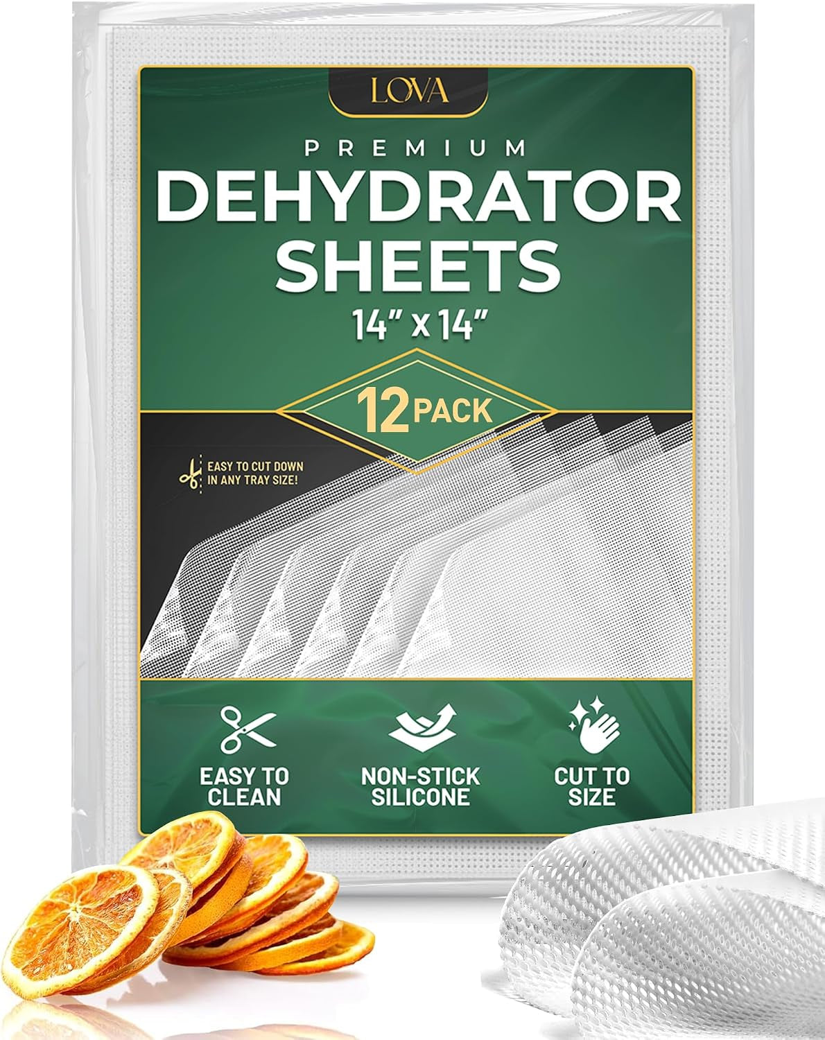 Silicone Dehydrator Sheets 14X14 Inch (12 Pack) - Reusable Non-Stick Mesh Dehydrator Mats, Bpa-Free Food-Grade Tray Liners, Cut-To-Fit Dehydrator Accessories for Jerky, Fruit & Herbs by Lova