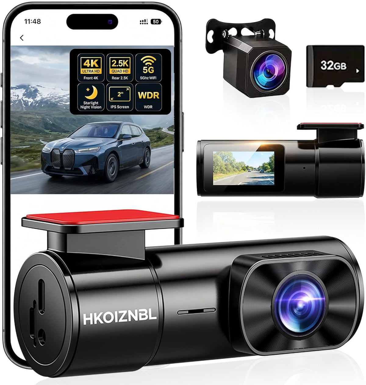 HKOIZBL 4K+2.5K Dash Cam Front and Rear, 2CH Dashcam Free 32GB with Wifi