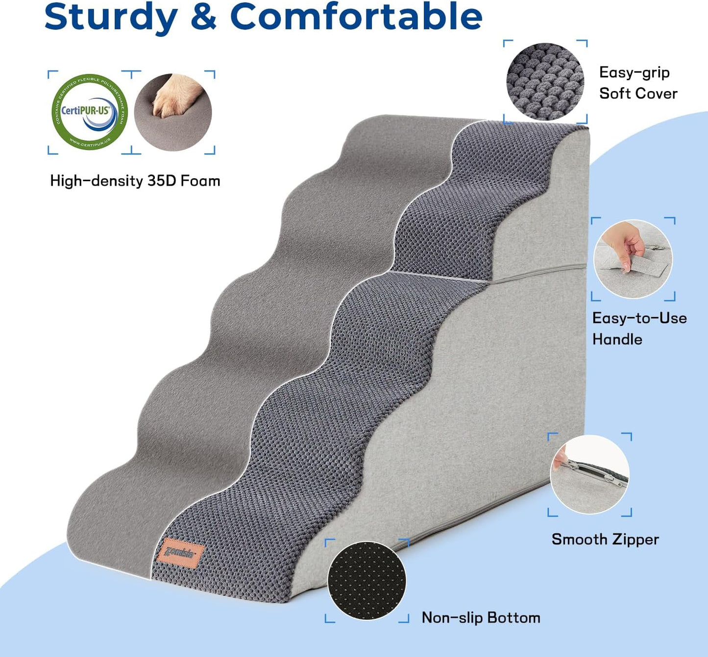 ZOMISIA Dog Stairs Ramp for High Beds - 5 Step Pet Stairs for Small to Large Dogs, 35D Foam Dog Steps for Couch with Non-Slip Bottom Grey