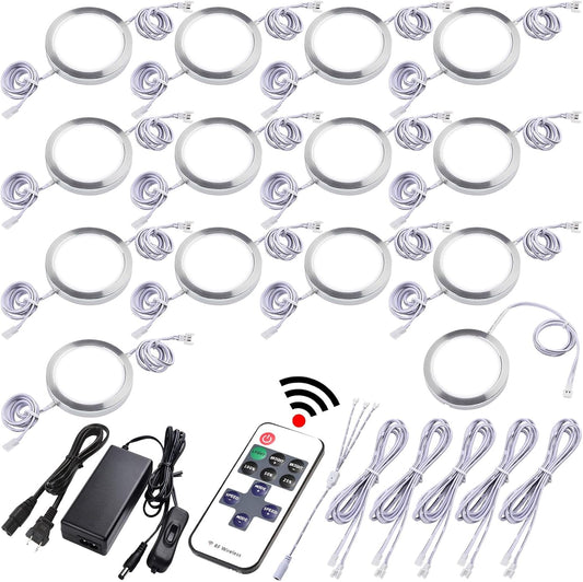 Under Cabinet Lighting Kit, Curio Display Case Lighting, Dimmable Wireless RF Remote Control, Linkable Wired LED Puck Lights, AC120V to DC12V, Hardwired or Wall Plug, Daylight, 14 Lights