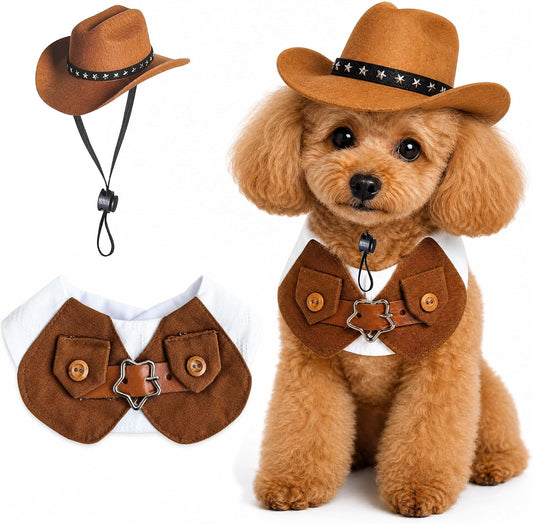 Pet Western Cowboy Hat with Bandana Set Dog Cowboy Costume Puppy Halloween Accessories Outfit Funny Cat Halloween Neckerchief Bandana Scarf Hat for Small Medium Dogs & Cats M