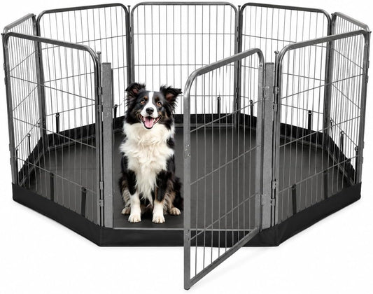 Dog Playpen W/Octagon Bottom Floor Cover - 32 Inch, 8 Panel Portable Grey Metal Pet Play Pen for Small & Medium Dogs - Indoor/Outdoor Kennel Cage for Home, Yard, RV, or Camping