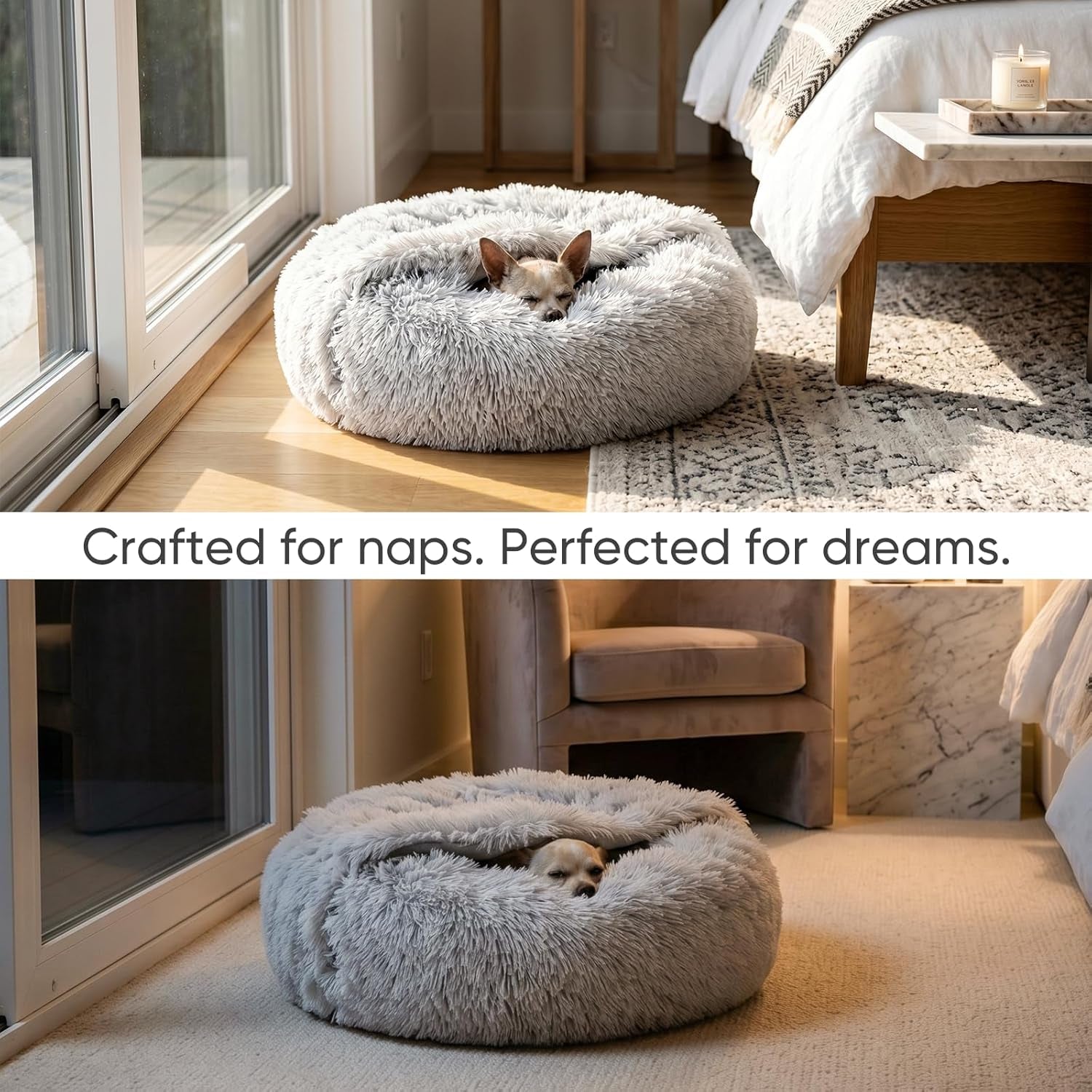 Himax Small Cat & Dog Bed with Cover, Calming Dog Bed for Small Dogs,Anti-Anxiety Donut Dog Bed with Attached Blanket,Washable round Fluffy Pet Bed (20"/26"/35")，Light Grey