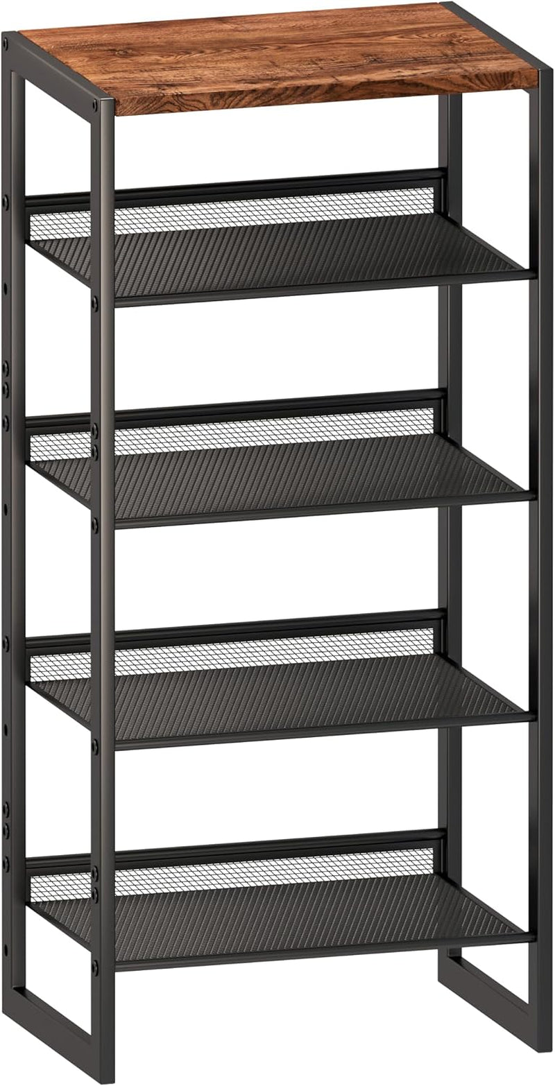 CHEMPFR Narrow 5-Tier Shoe Rack, Slim Space-Saving Shelf with Decorative Wood Top & Steel Mesh, Entryway/Closet/Dorm Organizer, 16.5X11.8X36 Inches