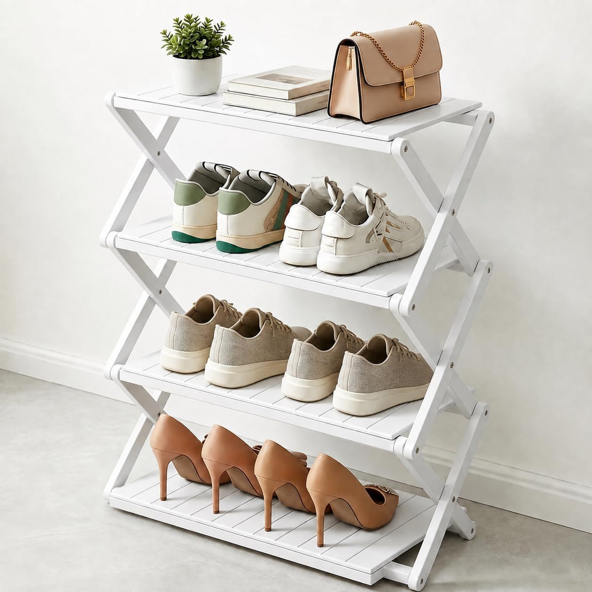 4 Tier Foldable Shoe Rack, No-Assembly Bamboo Shoe Organizer Multifunctional Shoe Shelf for Small Space,Entryway,Closet, Balcony, Hallway, Kitchen,White