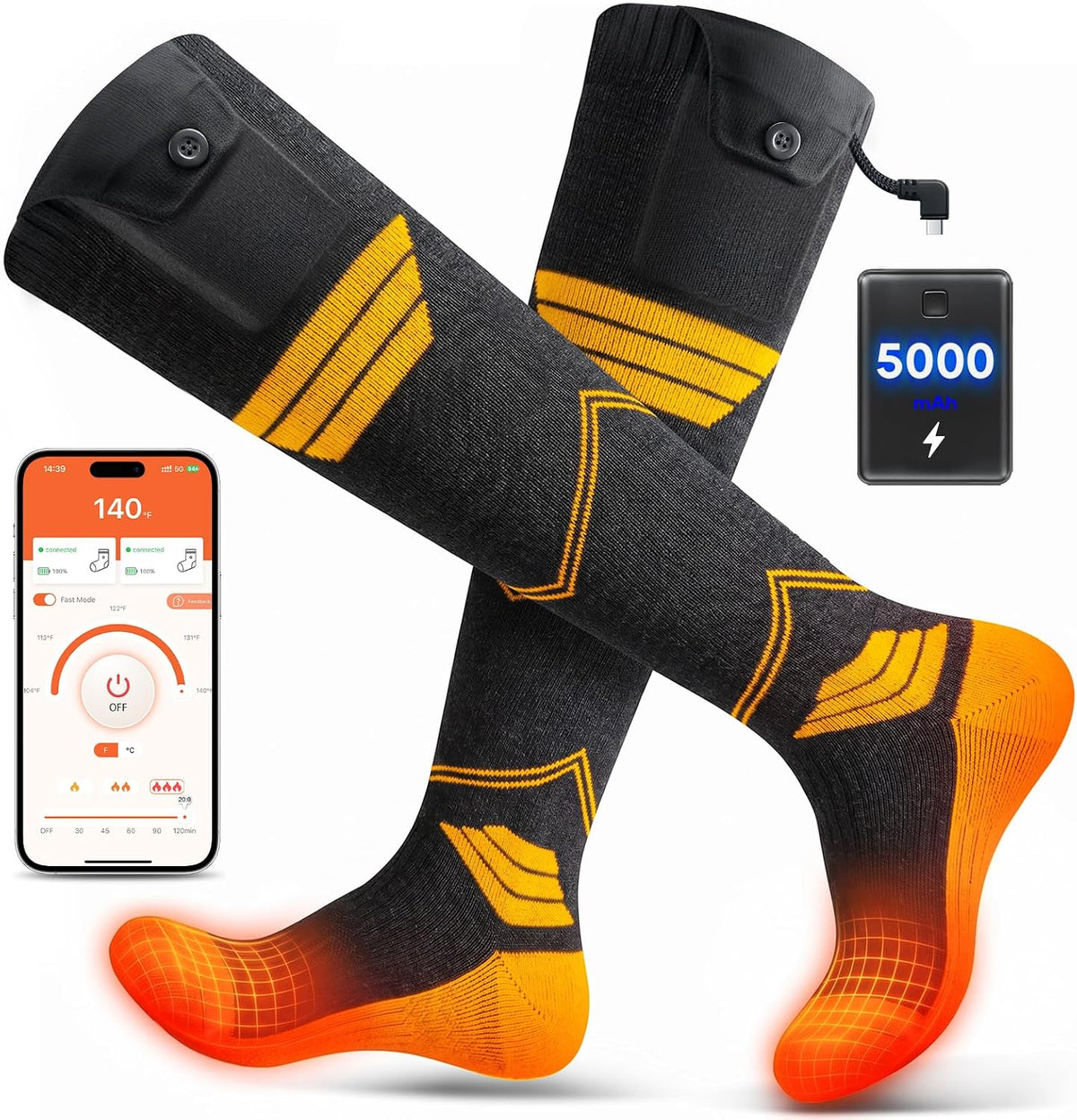 APP Control Heated Socks for Men Women, 5000Mah*2 Rechargeable Electric Foot Warmers with 3 Heating Levels, Washable Thermal Socks for Hunting Skiing Fishing Hiking Outdoor Winter Activities