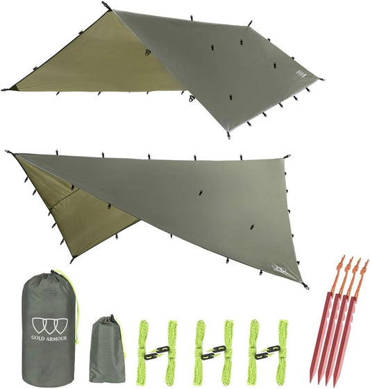 Gold Armour Rainfly Tarp Hammock, Premium 14.7Ft/12Ft/10Ft/8Ft Rain Fly Cover, Waterproof Ultralight Camping Shelter Canopy, Survival Equipment Gear Camping Tent Accessories (OD Green 12Ft X 10Ft)