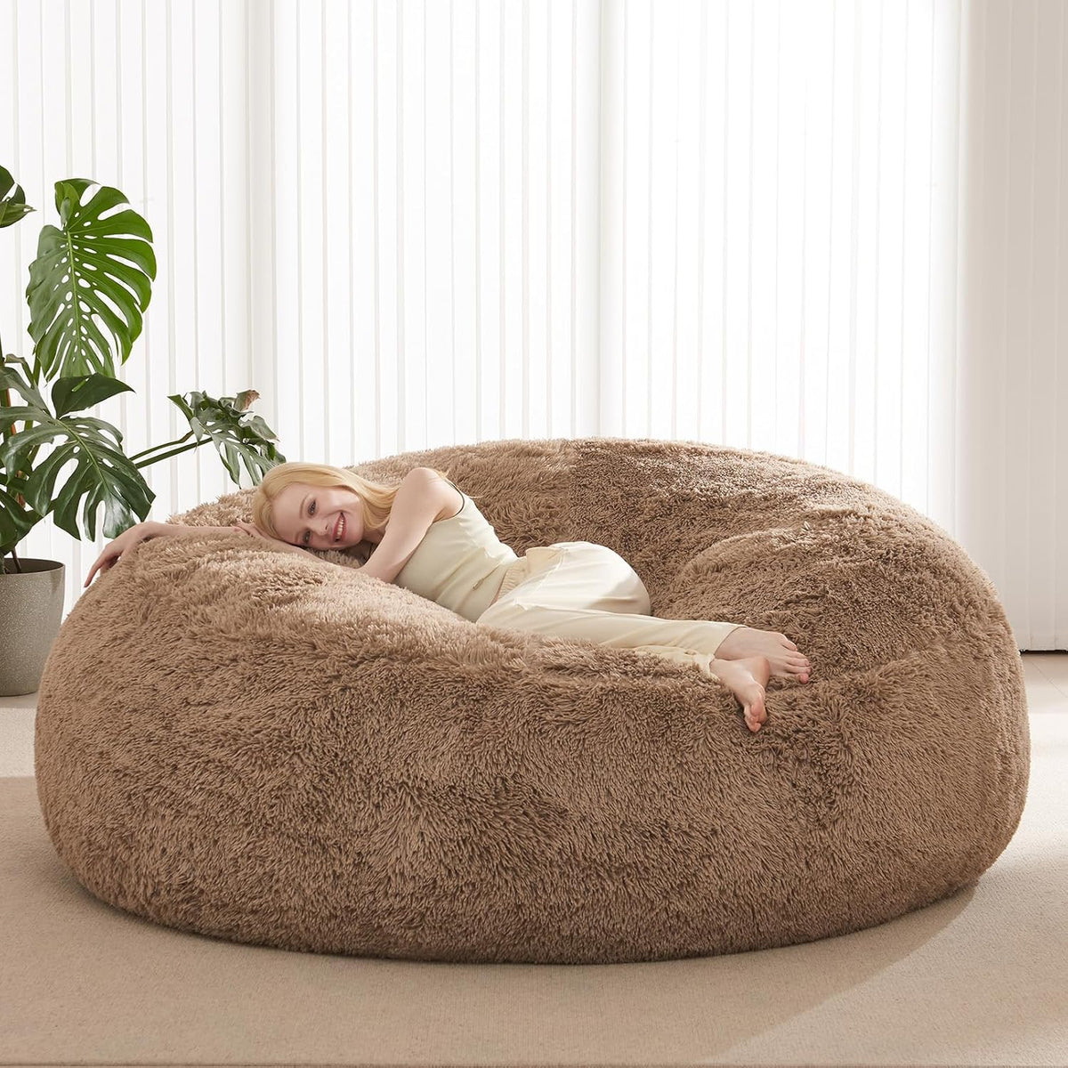 Fluffy Bean Bag for Stuffed Animals Storage, Faux Fur Washable Bean Bag Chair Cover(No Filler) for Textile Plush Toys, Beanbag Chair Cover for Adults Kids Teens, 5FT, Khaki