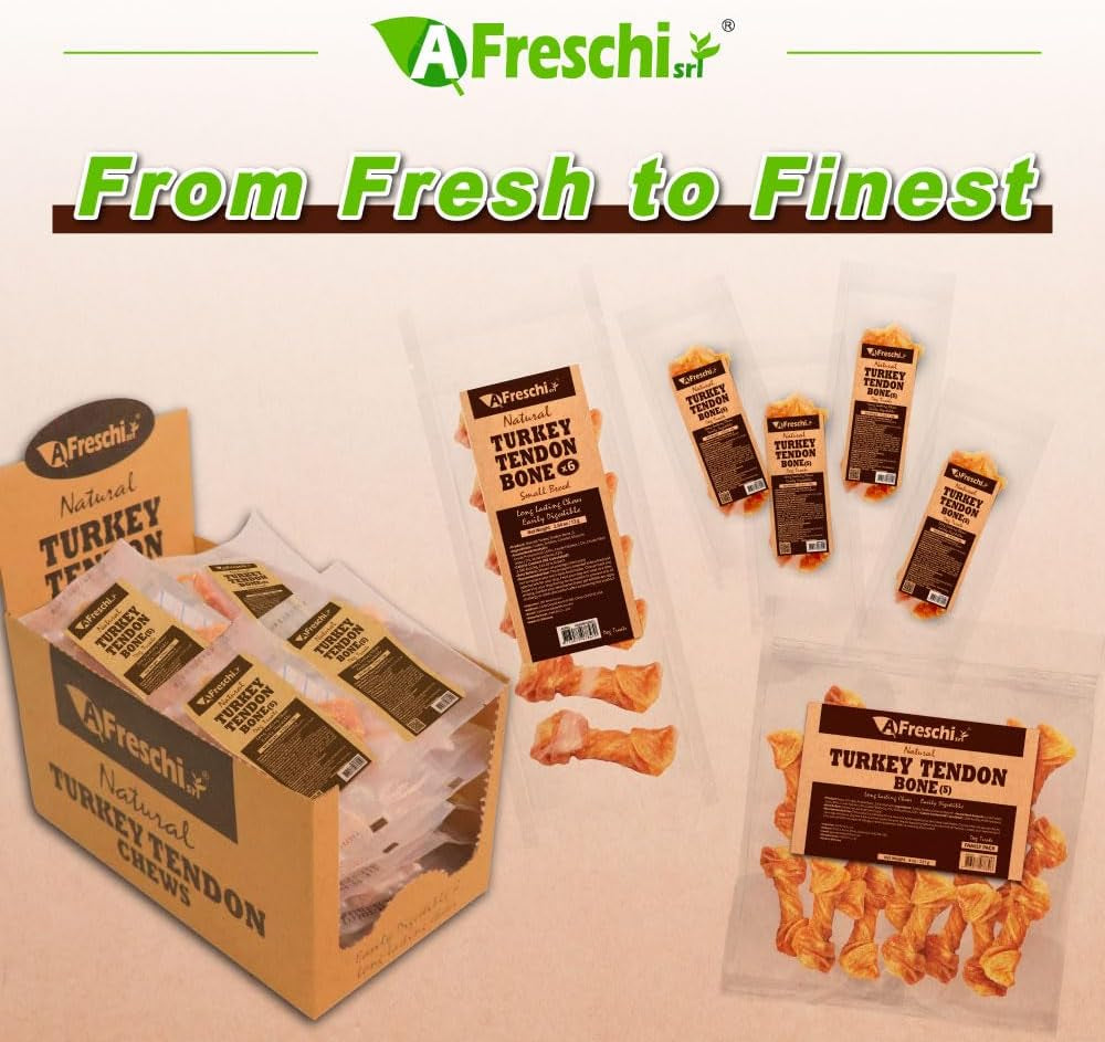 A Freschi Srl Turkey Tendons for Dogs, Usa-Sourced Human Grade, Rawhide-Free Long-Lasting Puppy Chews, All Natural Hypoallergenic Dog Treats for Small Breeds, Bone (S), 8 Oz Pack