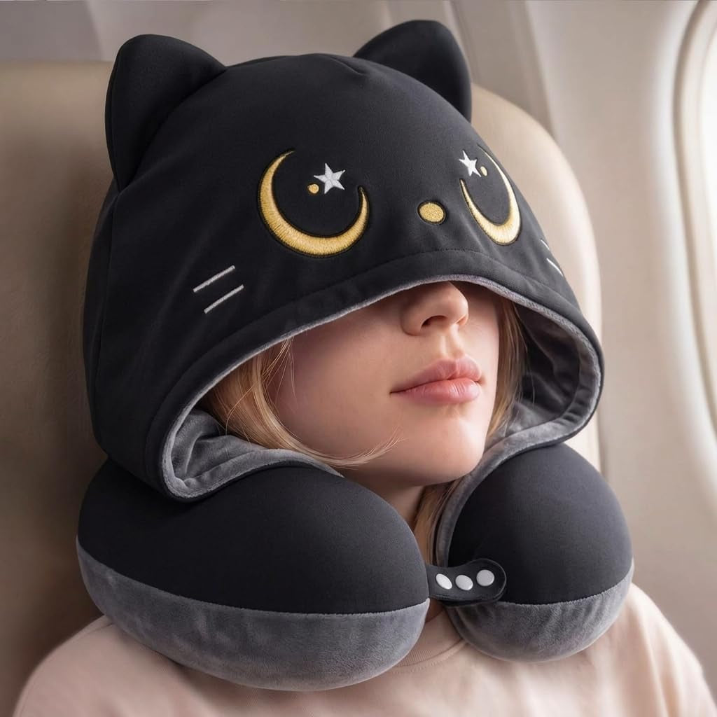 Mewaii Travel Neck Pillow, Airplane Pillow with Hood, Memory Foam, Gray