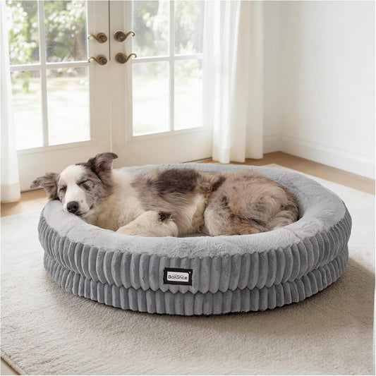 BALANCE Donut Dog Bed, 36 Inches round Dog Bed Large Size Dogs Washable, Orthopedic Calming Dogs Beds for Kitten, Fluffy Plush Faux Fur Pet Bed with Anti-Slip Bottom