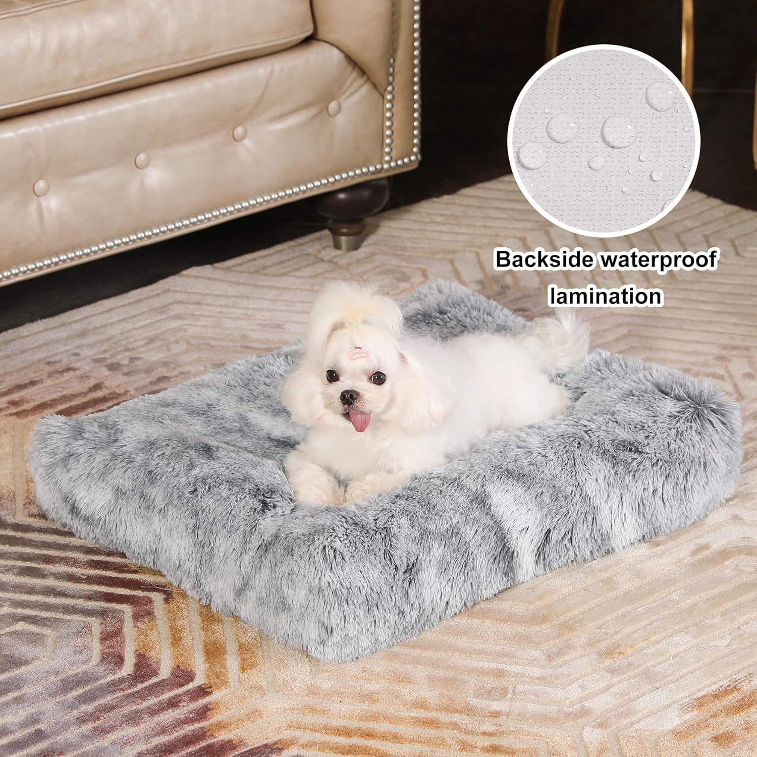 Bedfolks Waterproof Crate Bed, Plush Dog & Cat Bed with Removable Washable Cover, Faux Fur Kennel Pad, 23"X18", Dark Grey