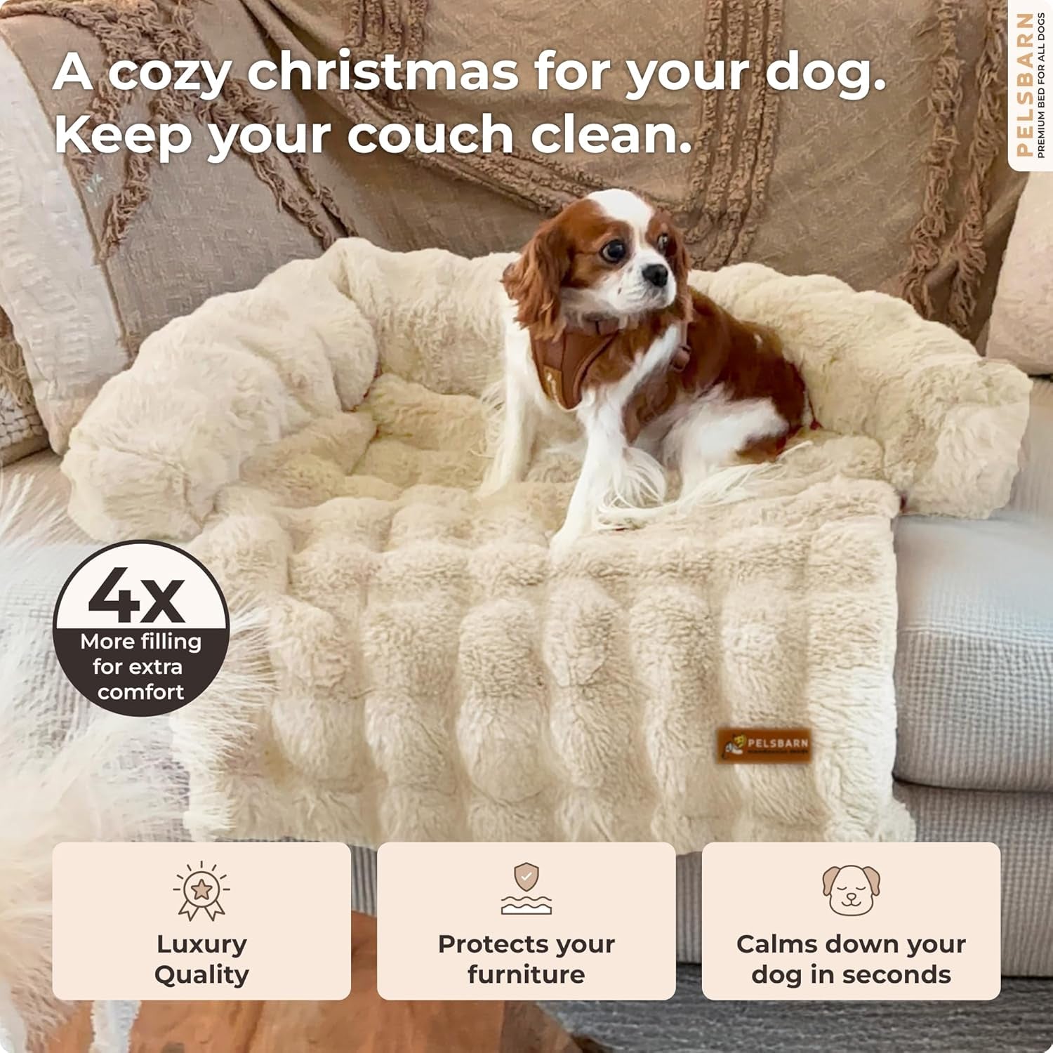 Pelsbarn Dog Bed for Couch, Luxurious Sofa Bed for Dogs with Non-Slip Oxford Bottom - Faux Rabbit Fur with Removable Cover, Small, Beige - 28X28 In